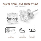 Cubic Zirconia Square Silver Stud Earrings Set Of 2 Stainless Steel Jewelry Men Women