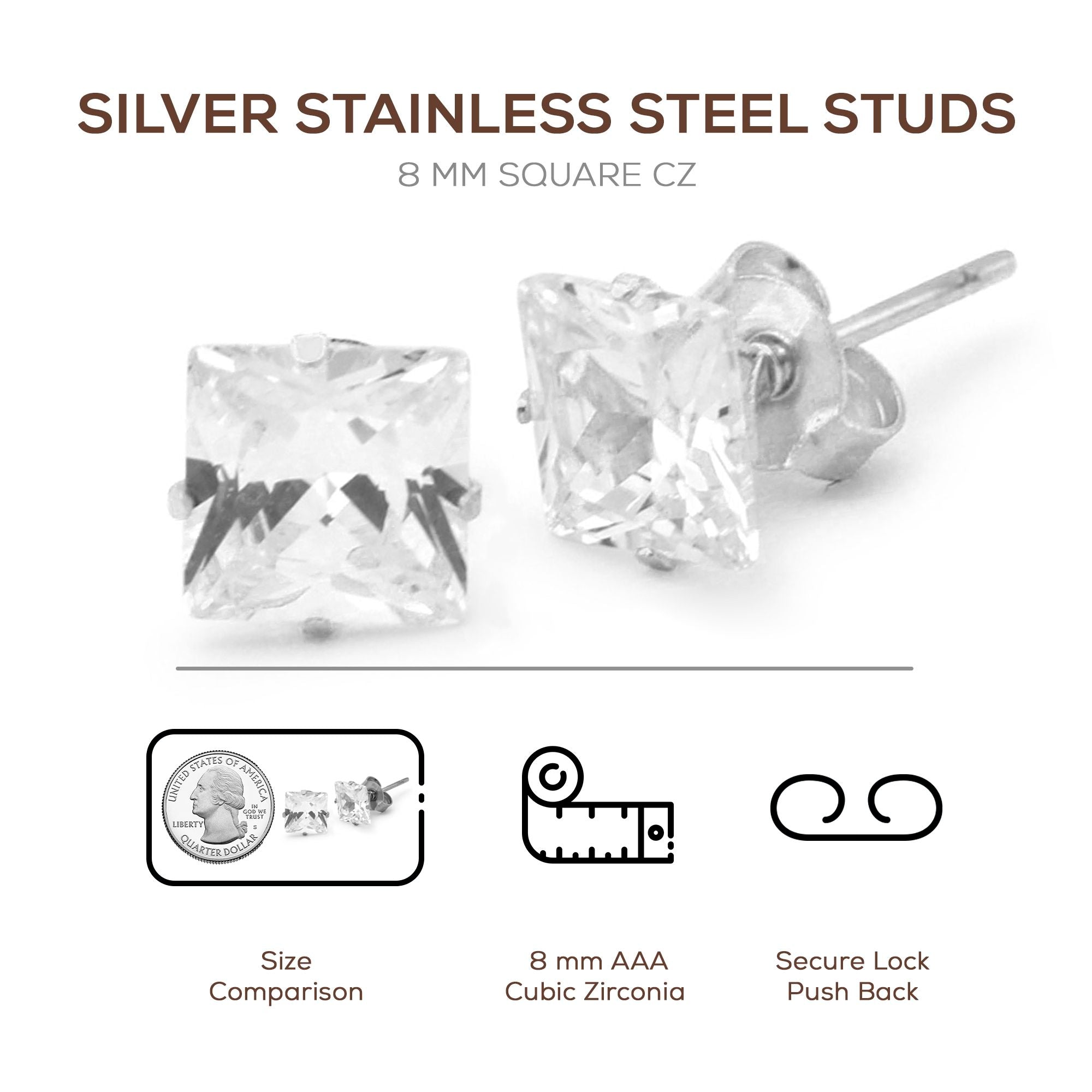 Cubic Zirconia Square Silver Stud Earrings Set Of 2 Stainless Steel Jewelry Men Women