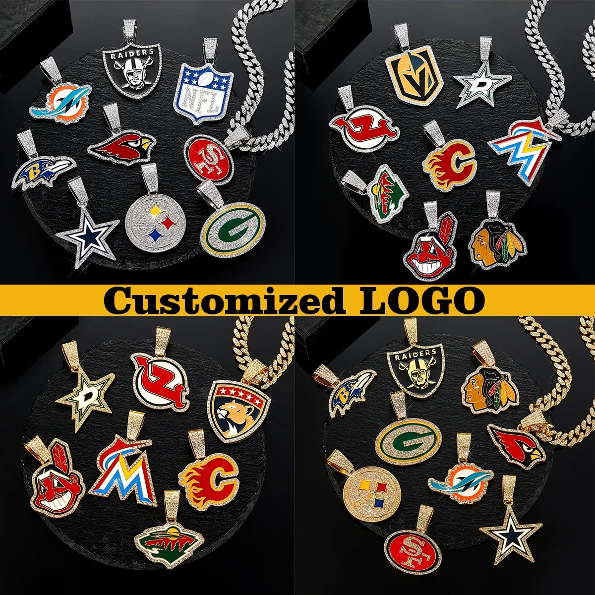 Sports LOGO Pendant Necklace with Iced Out Cuban Chains for Football Fans