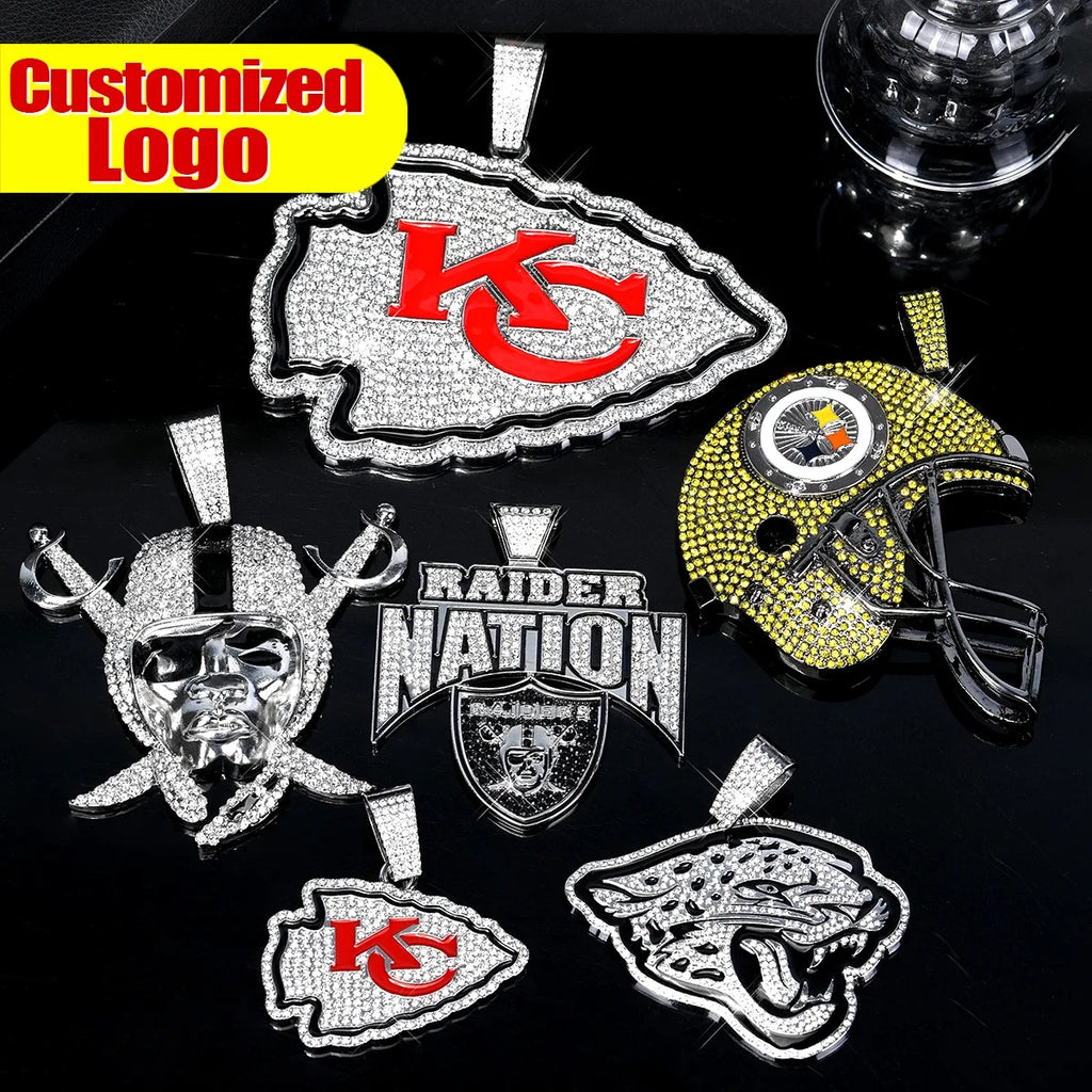 Sports LOGO Pendant Necklace with Iced Out Cuban Chains for Football Fans