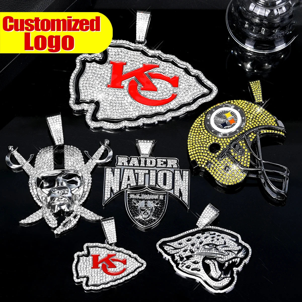 Sports LOGO Pendant Necklace with Iced Out Cuban Chains for Football Fans