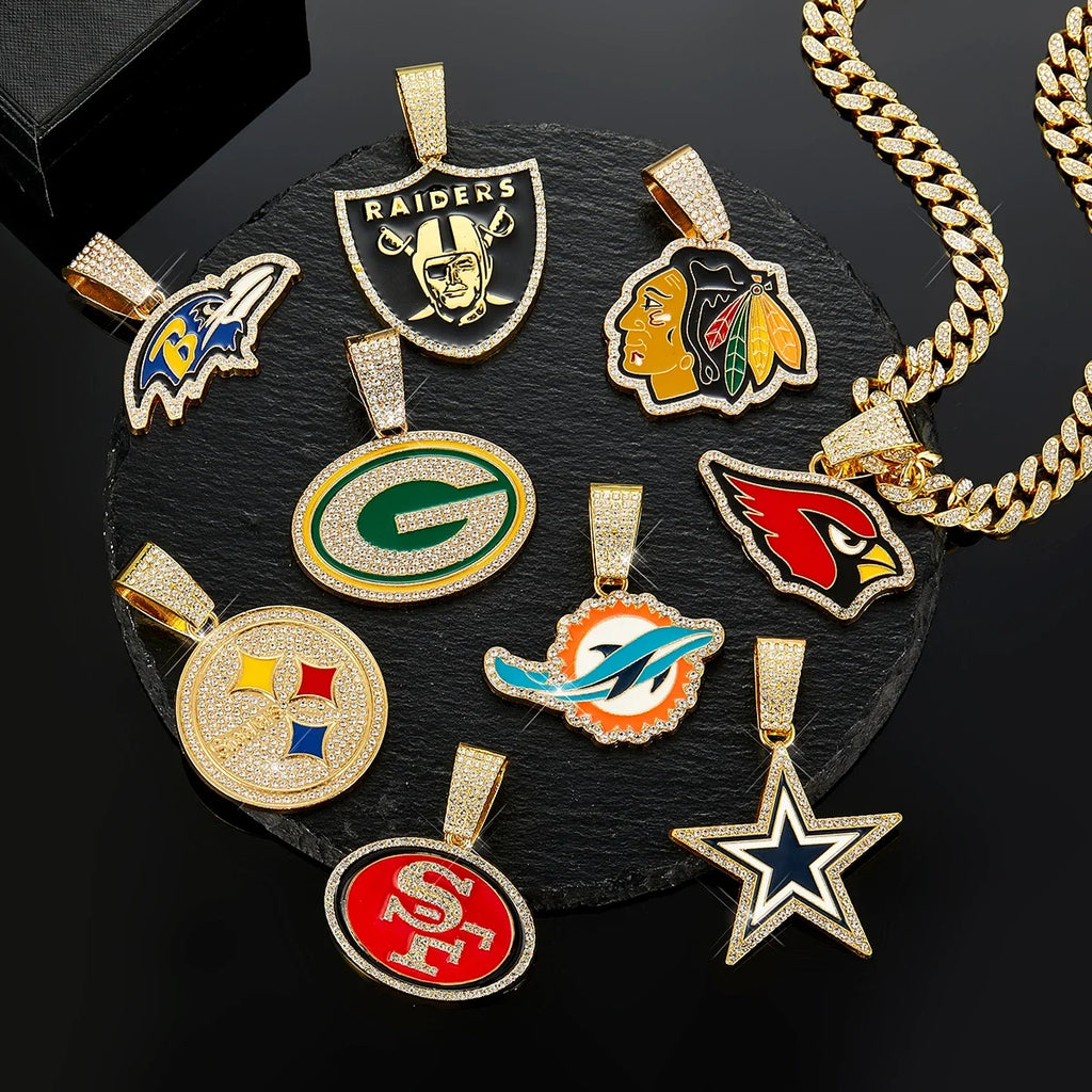 Sports LOGO Pendant Necklace with Iced Out Cuban Chains for Football Fans