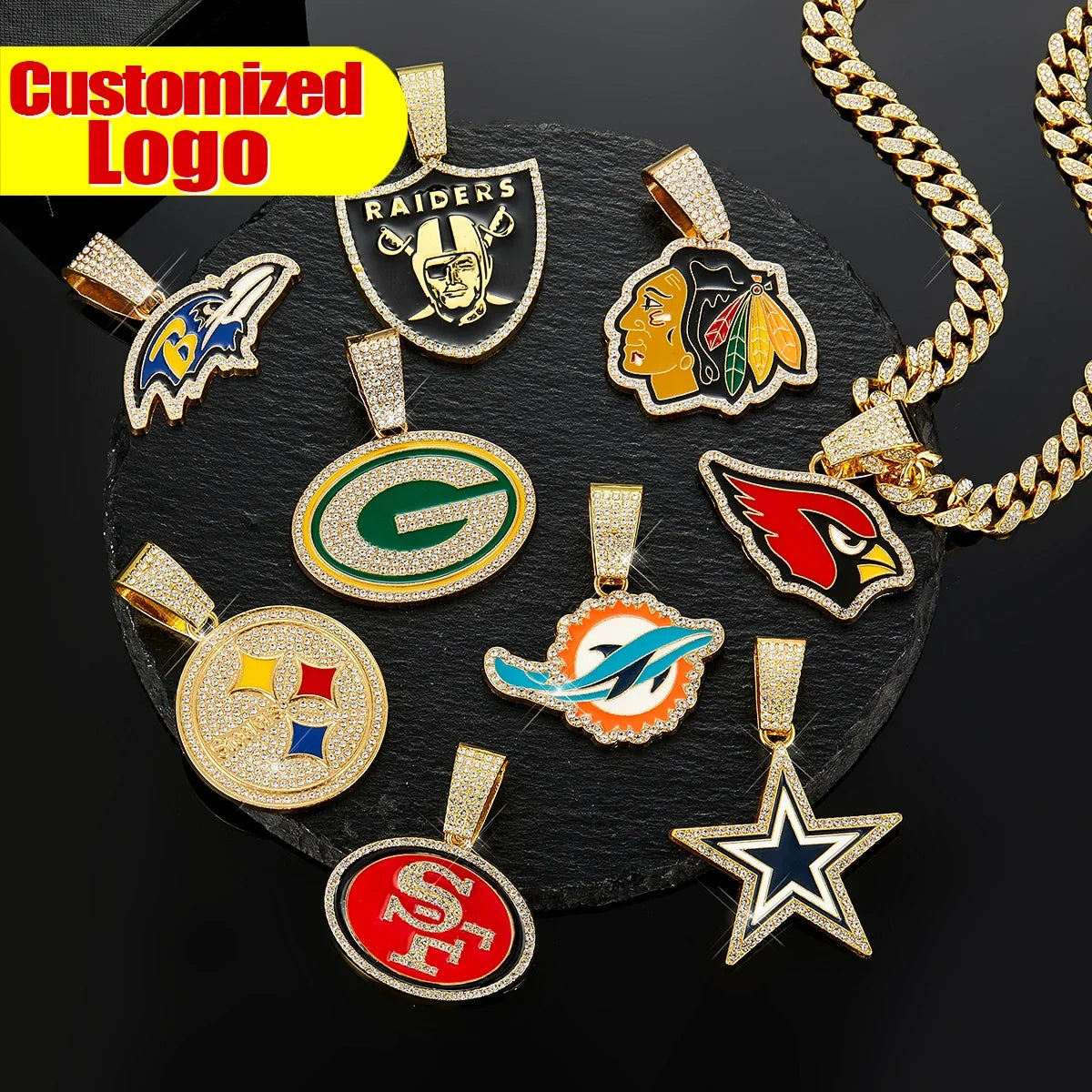 Sports LOGO Pendant Necklace with Iced Out Cuban Chains for Football Fans