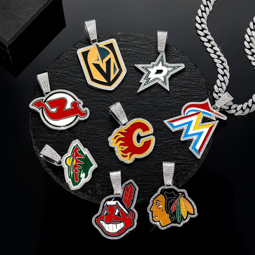 Sports LOGO Pendant Necklace with Iced Out Cuban Chains for Football Fans