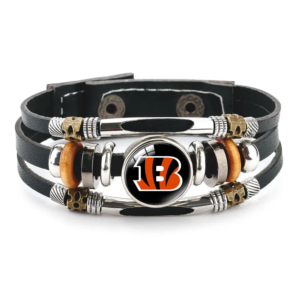 Leather Sports Team Logo Bracelet – Adjustable Fans Wristband Gift for Game Day & Holidays