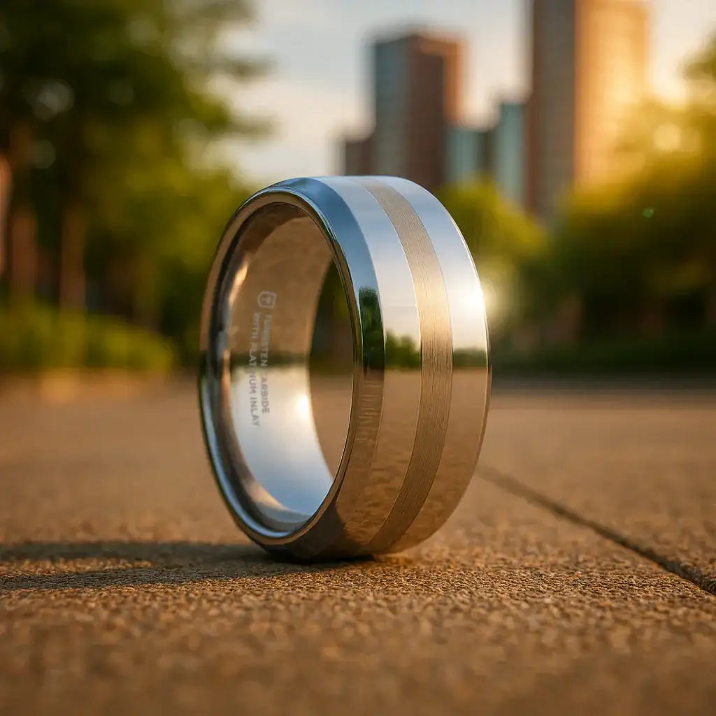 HALSTEN Platinum Inlaid Beveled Tungsten Carbide Wedding Ring - 6mm & 8mm