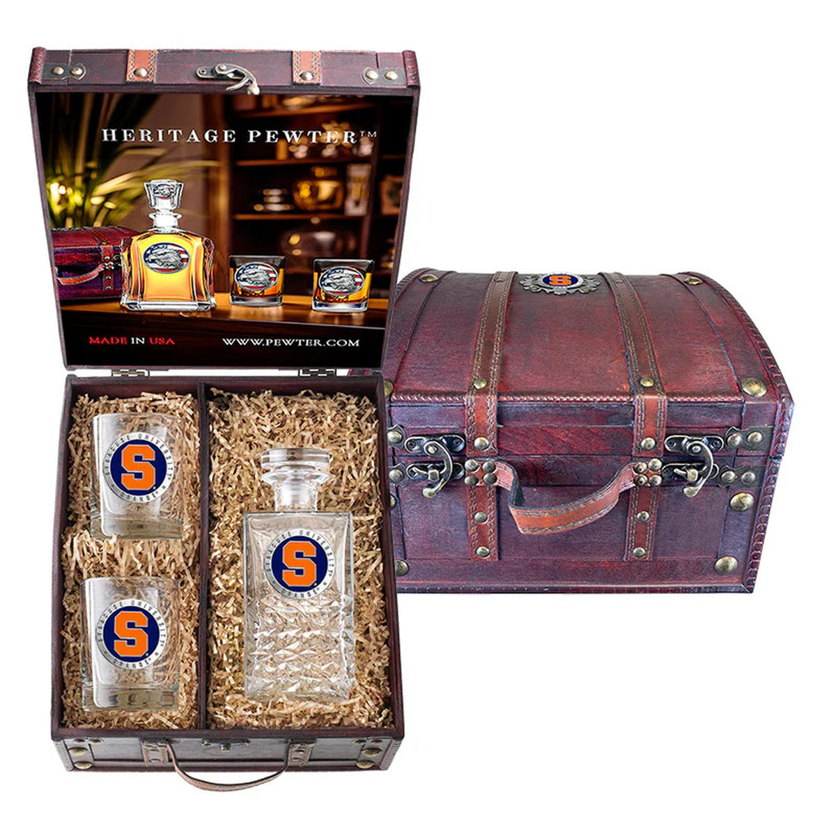 Syracuse University Heritage Decanter and 2 Glasses with Chest Box