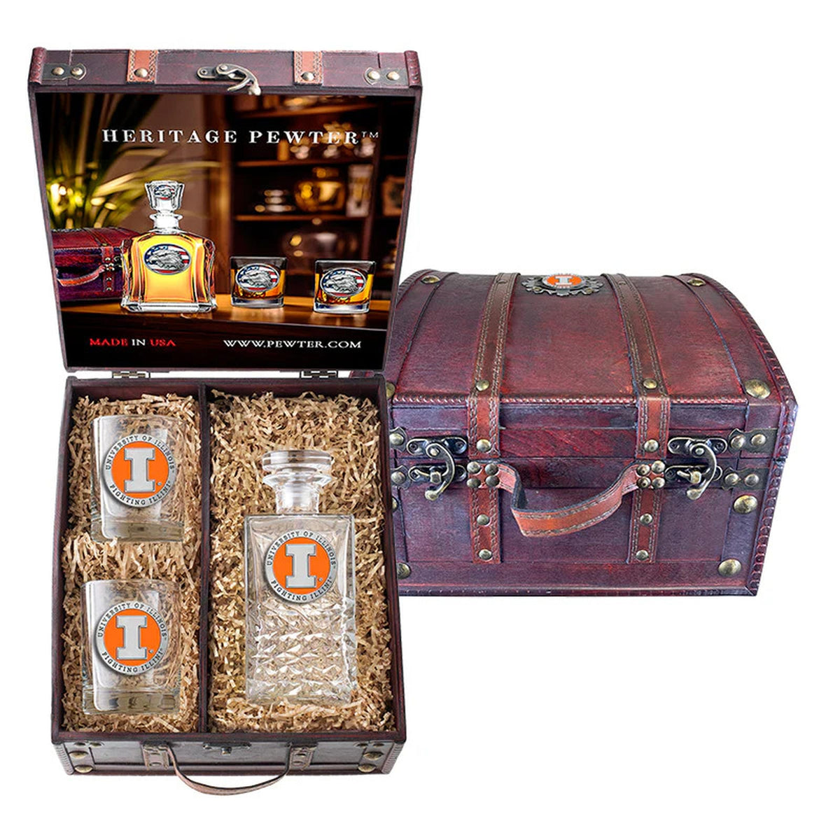 Illinois Fighting Illini Heritage Decanter and 2 Glasses with Chest Box