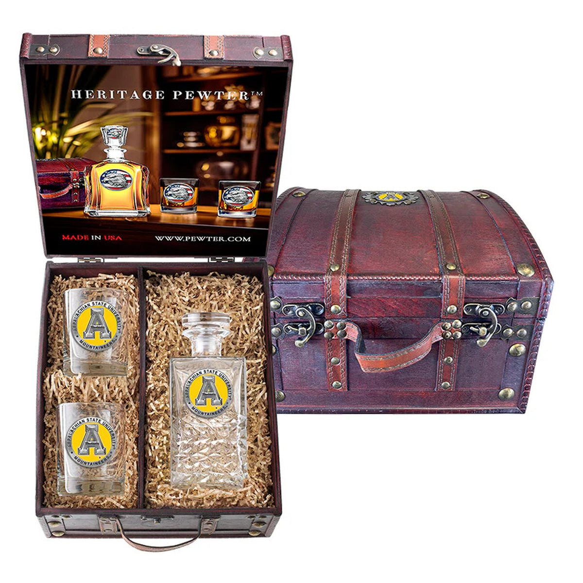 Appalachian State Mountaineers Heritage Decanter and 2 Glasses with Chest Box