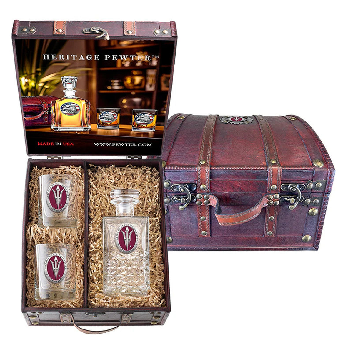 Arizona State Sun Devils Pitch Fork Heritage Decanter and 2 Glasses with Chest Box