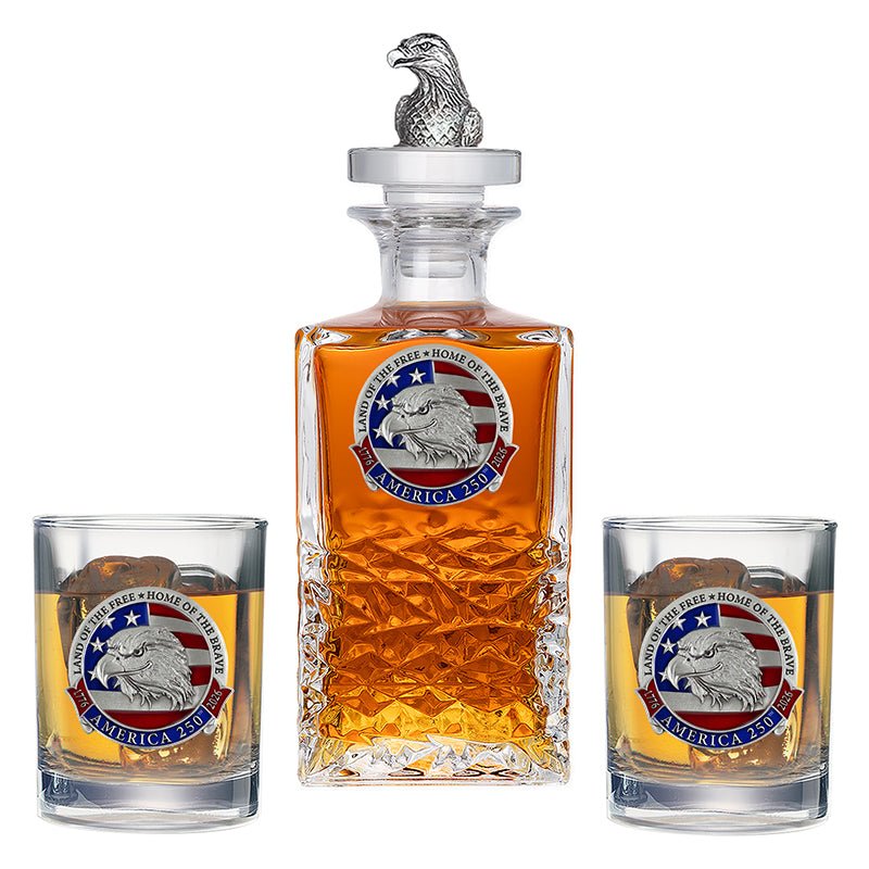 America's 250th Anniversary Eagle Head with Flag Heritage Decanter with 3D Top & 2 Glasses