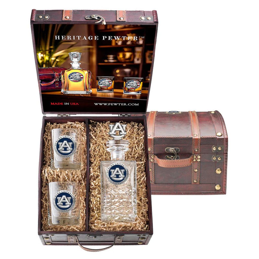 Auburn Tigers Heritage Decanter with 3D Top  and 2 Glasses with Chest Box