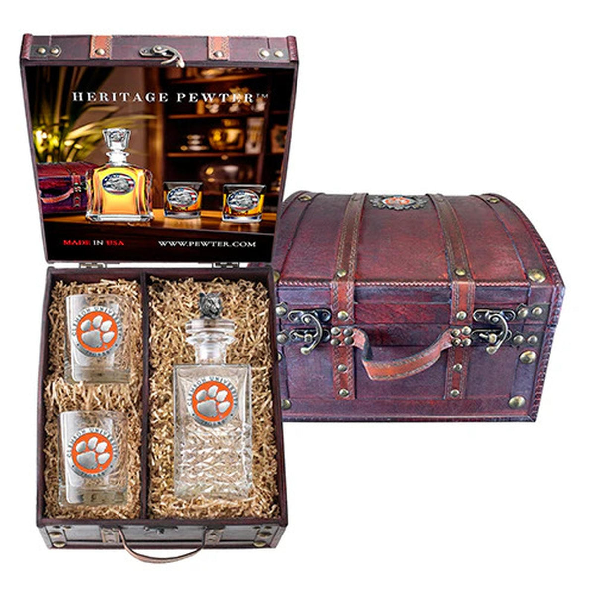 Clemson Tigers Heritage Decanter with 3D Top and 2 Glasses with Chest Box