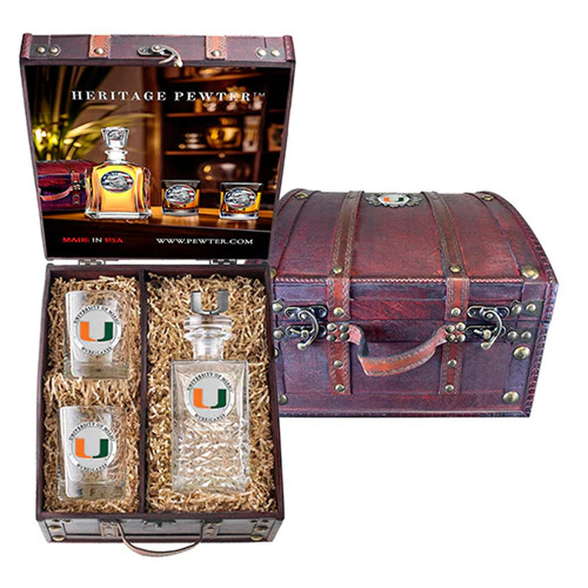 University of Miami Heritage Decanter with 3D Top and 2 Glasses with Chest Box