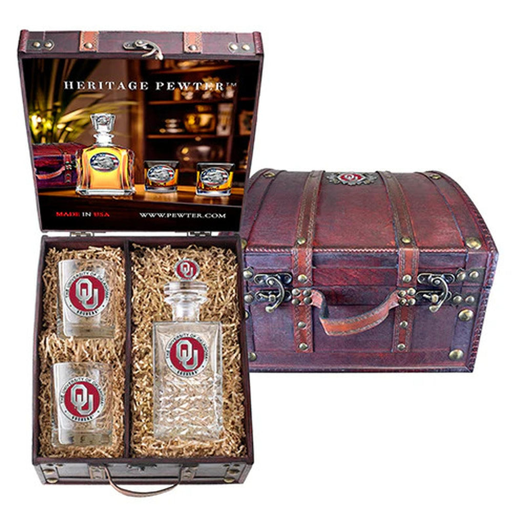University of Oklahoma Heritage Decanter with 3D Top and 2 Glasses with Chest Box