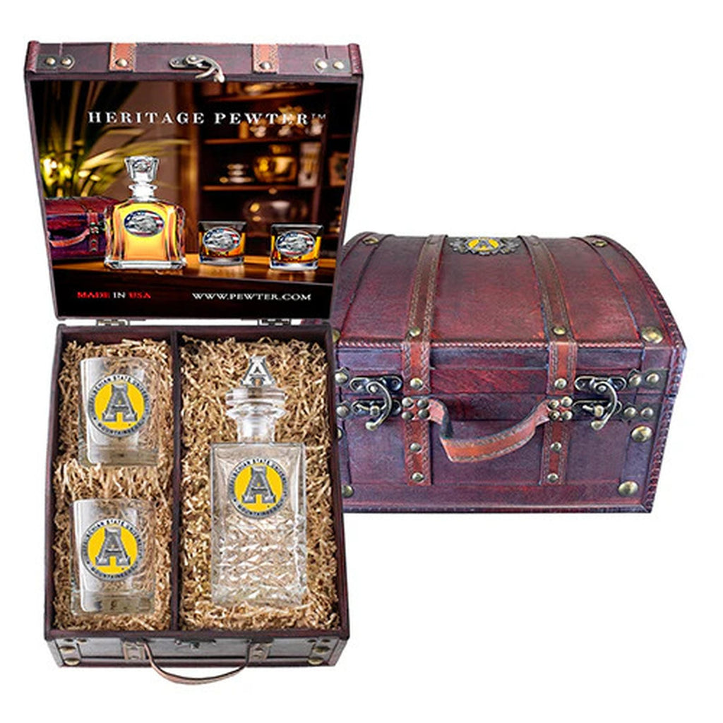 Appalachian State Mountaineers Heritage Decanter with 3D Top and 2 Glasses with Chest Box