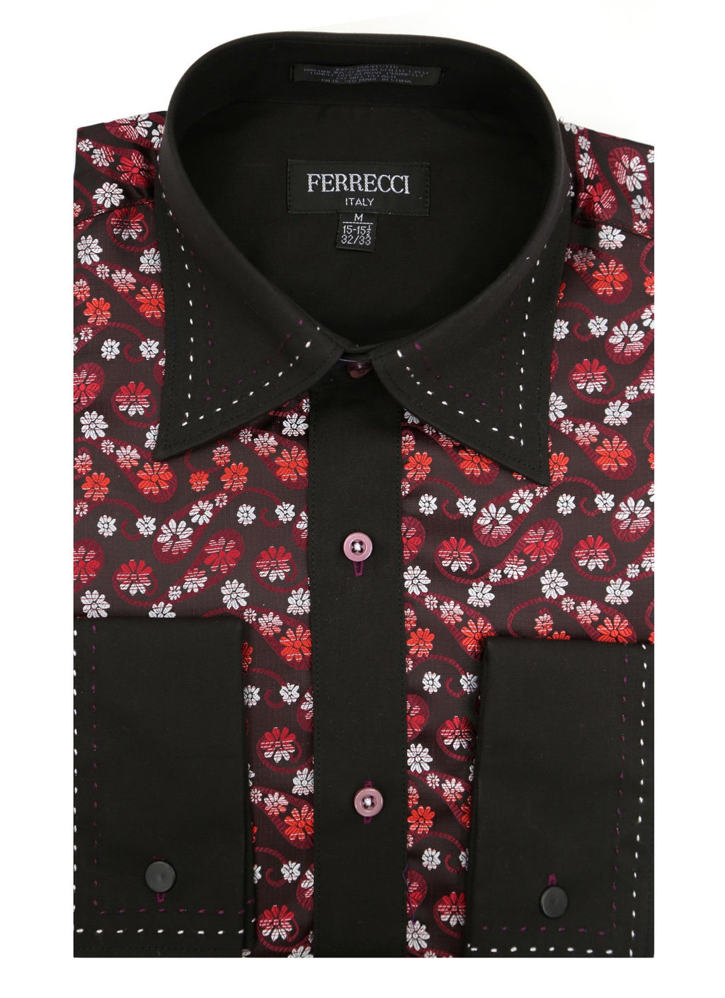 Men's Red & Black Floral Satin Dress Shirt – High Collar, French Cuff | Ferrecci Hi-1001