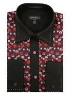 Men's Red & Black Floral Satin Dress Shirt – High Collar, French Cuff | Ferrecci Hi-1001