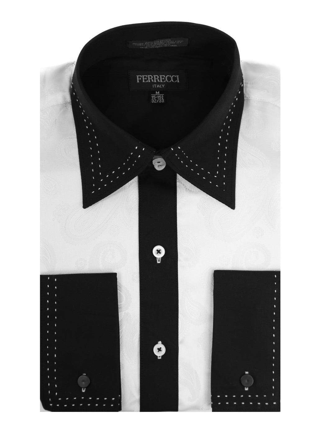 Men's White & Black Floral Satin Dress Shirt – High Collar, French Cuff | Ferrecci Hi-1003