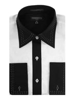 Men's White & Black Floral Satin Dress Shirt – High Collar, French Cuff | Ferrecci Hi-1003