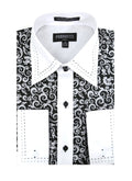 Men's Black & White Baroque Scroll Satin Dress Shirt – High Collar, French Cuff | Ferrecci Hi-1006