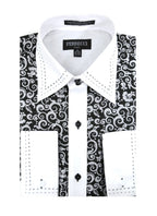 Men's Black & White Baroque Scroll Satin Dress Shirt – High Collar, French Cuff | Ferrecci Hi-1006