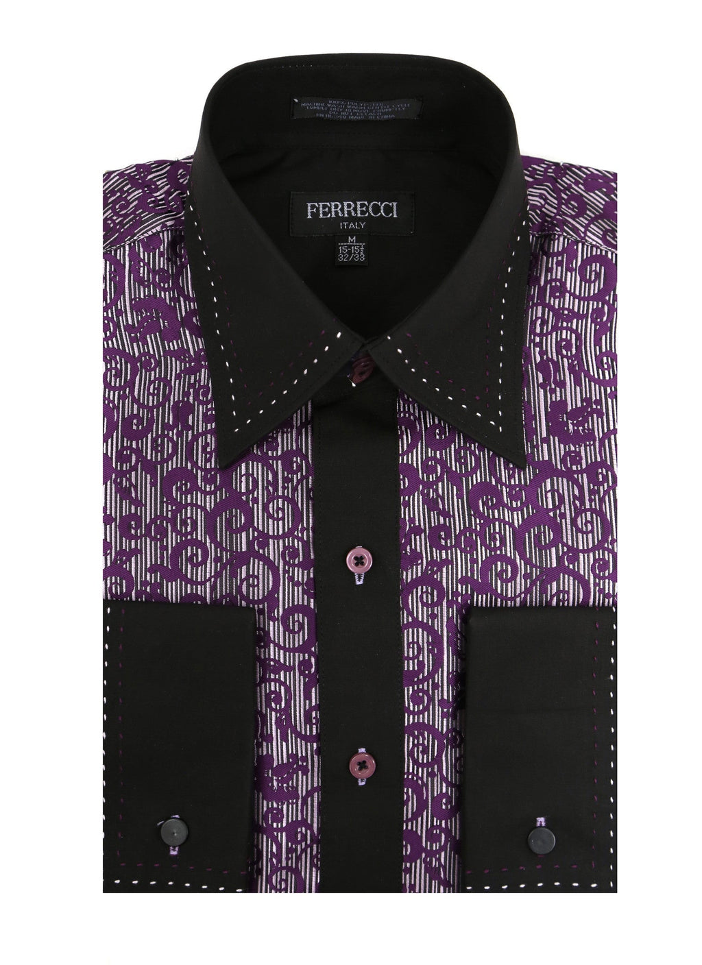 Men's Purple Baroque Scroll Satin Dress Shirt – High Collar, French Cuff | Ferrecci Hi-1007