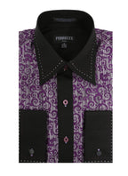 Men's Purple Baroque Scroll Satin Dress Shirt – High Collar, French Cuff | Ferrecci Hi-1007