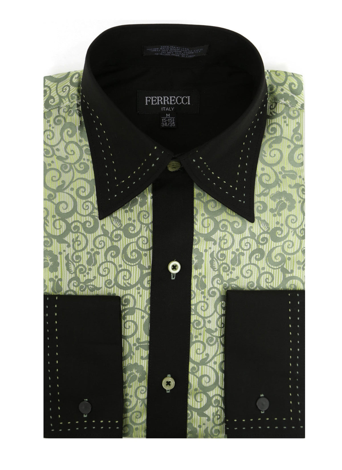 Men's Green Baroque Scroll Satin Dress Shirt – High Collar, French Cuff | Ferrecci Hi-1008