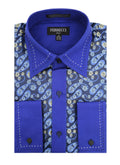 Men's Blue Paisley Floral Satin Dress Shirt – High Collar, French Cuff | Ferrecci Hi-1009