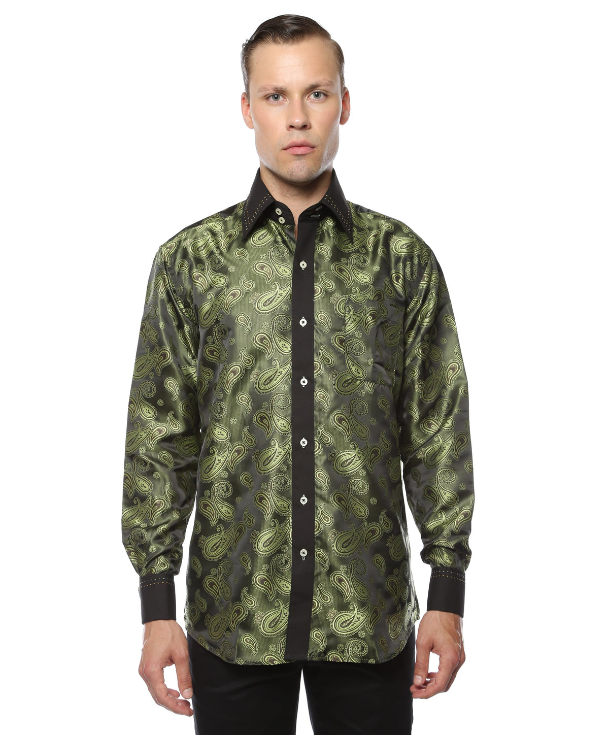 Men's Green Paisley Satin Dress Shirt – High Collar, French Cuff | Ferrecci Hi-1010
