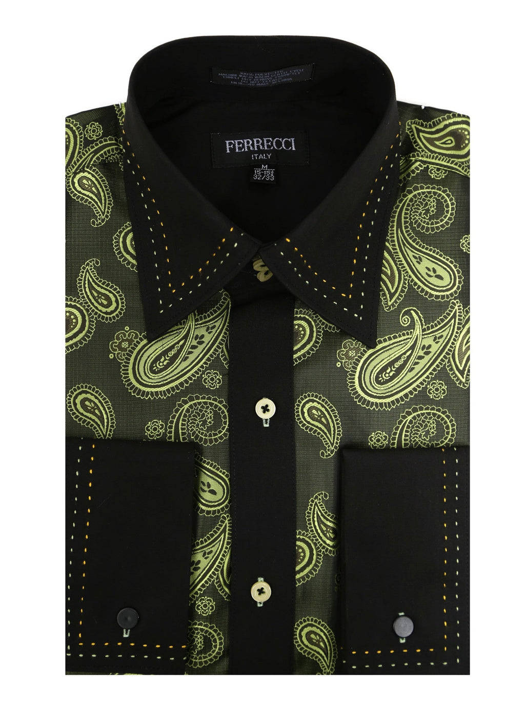 Men's Green Paisley Satin Dress Shirt – High Collar, French Cuff | Ferrecci Hi-1010