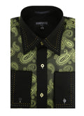 Men's Green Paisley Satin Dress Shirt – High Collar, French Cuff | Ferrecci Hi-1010