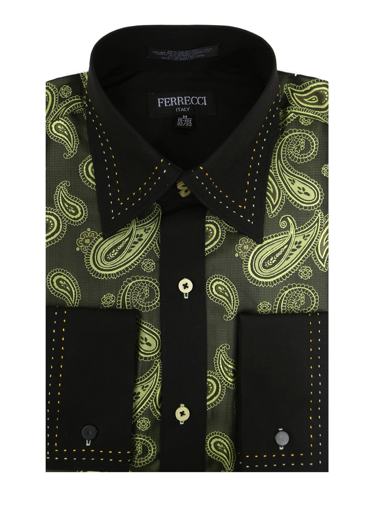 Men's Green Paisley Satin Dress Shirt – High Collar, French Cuff | Ferrecci Hi-1010