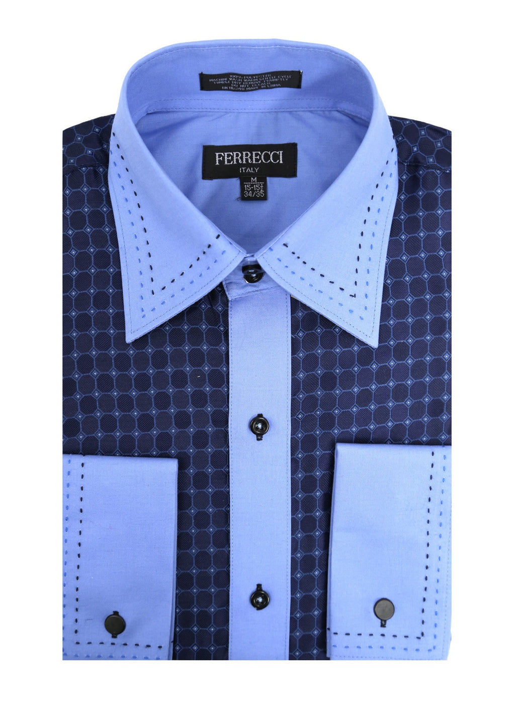 Men's Blue Circle Print Satin Dress Shirt – High Collar, French Cuff | Ferrecci Hi-1011