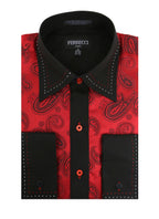 Men's Red & Black Paisley Satin Dress Shirt – High Collar, French Cuff | Ferrecci Hi-1012