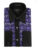 Men's Purple & Black Floral Satin Dress Shirt – High Collar, French Cuff | Ferrecci Hi-1013