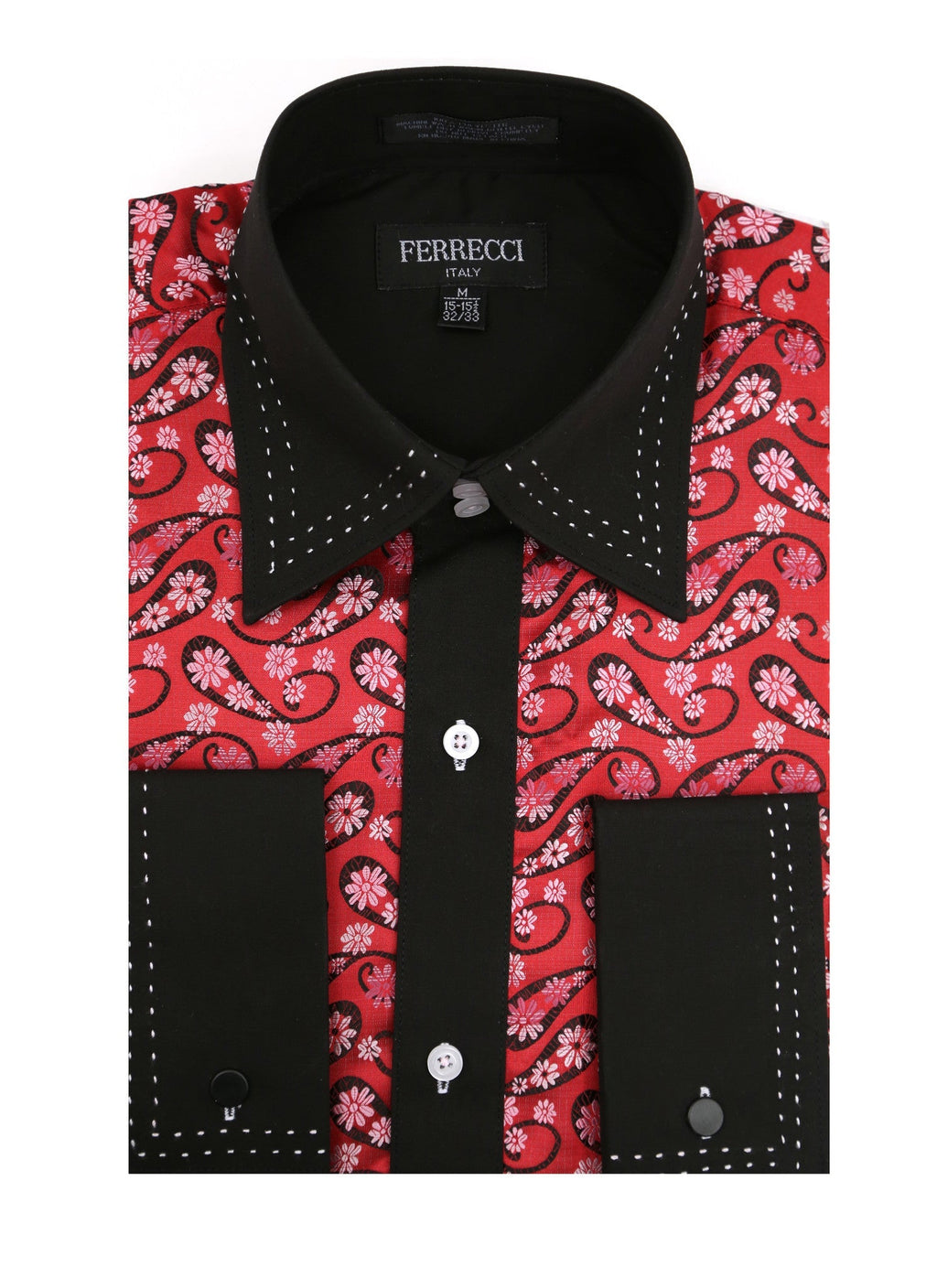Men's Red & Black Floral Satin Dress Shirt – High Collar, French Cuff | Ferrecci Hi-1015