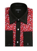 Men's Red & Black Floral Satin Dress Shirt – High Collar, French Cuff | Ferrecci Hi-1015