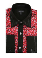 Men's Red & Black Floral Satin Dress Shirt – High Collar, French Cuff | Ferrecci Hi-1015