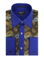 Men's Blue & Gold Paisley Satin Dress Shirt – High Collar, French Cuff | Ferrecci Hi-1019