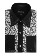Men's Black & White Baroque Scroll Satin Dress Shirt – High Collar, French Cuff | Ferrecci Hi-1021