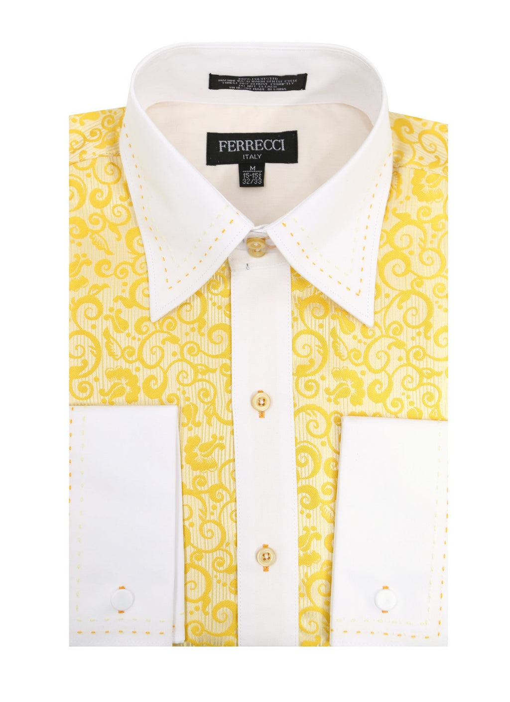 Men's Yellow Baroque Scroll Satin Dress Shirt – High Collar, French Cuff | Ferrecci Hi-1026