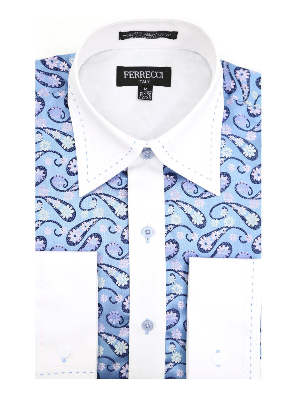 Men's White & Blue Floral Satin Dress Shirt – High Collar, French Cuff | Ferrecci Hi-1029