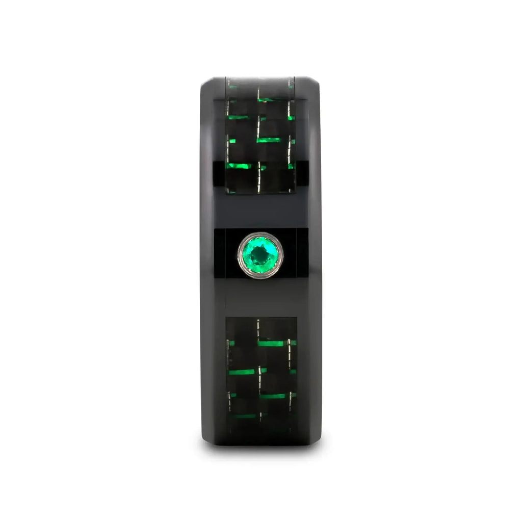 HADAR Black Ceramic Ring with Black and Green Carbon Fiber and Green Emerald Setting - 8mm