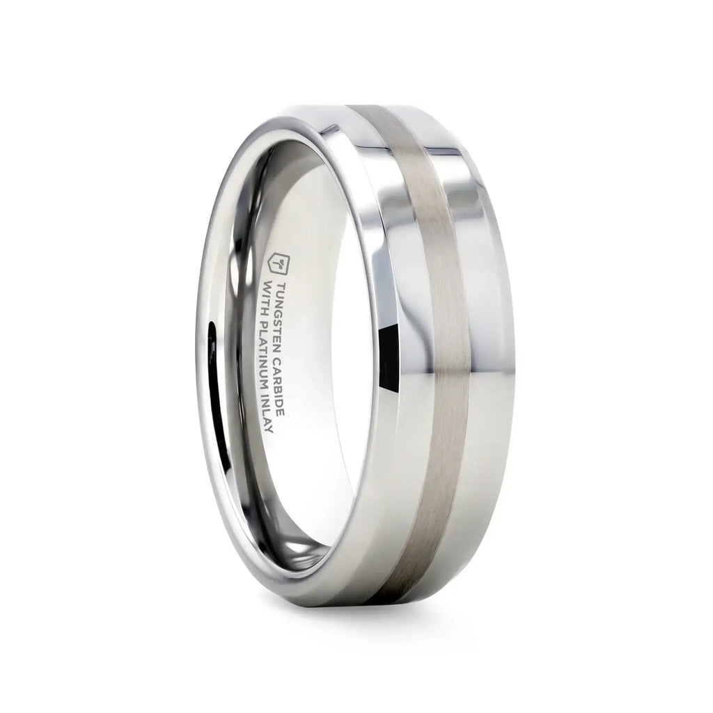 HALSTEN Platinum Inlaid Beveled Tungsten Carbide Wedding Ring - 6mm & 8mm