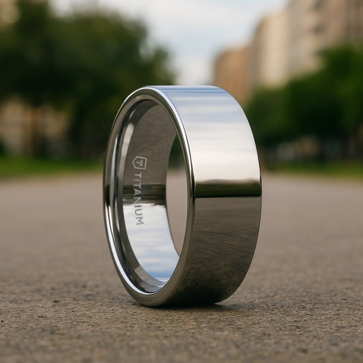 HARDY Polished Finish Flat Style Men’s Titanium Wedding Ring - 6mm & 8mm