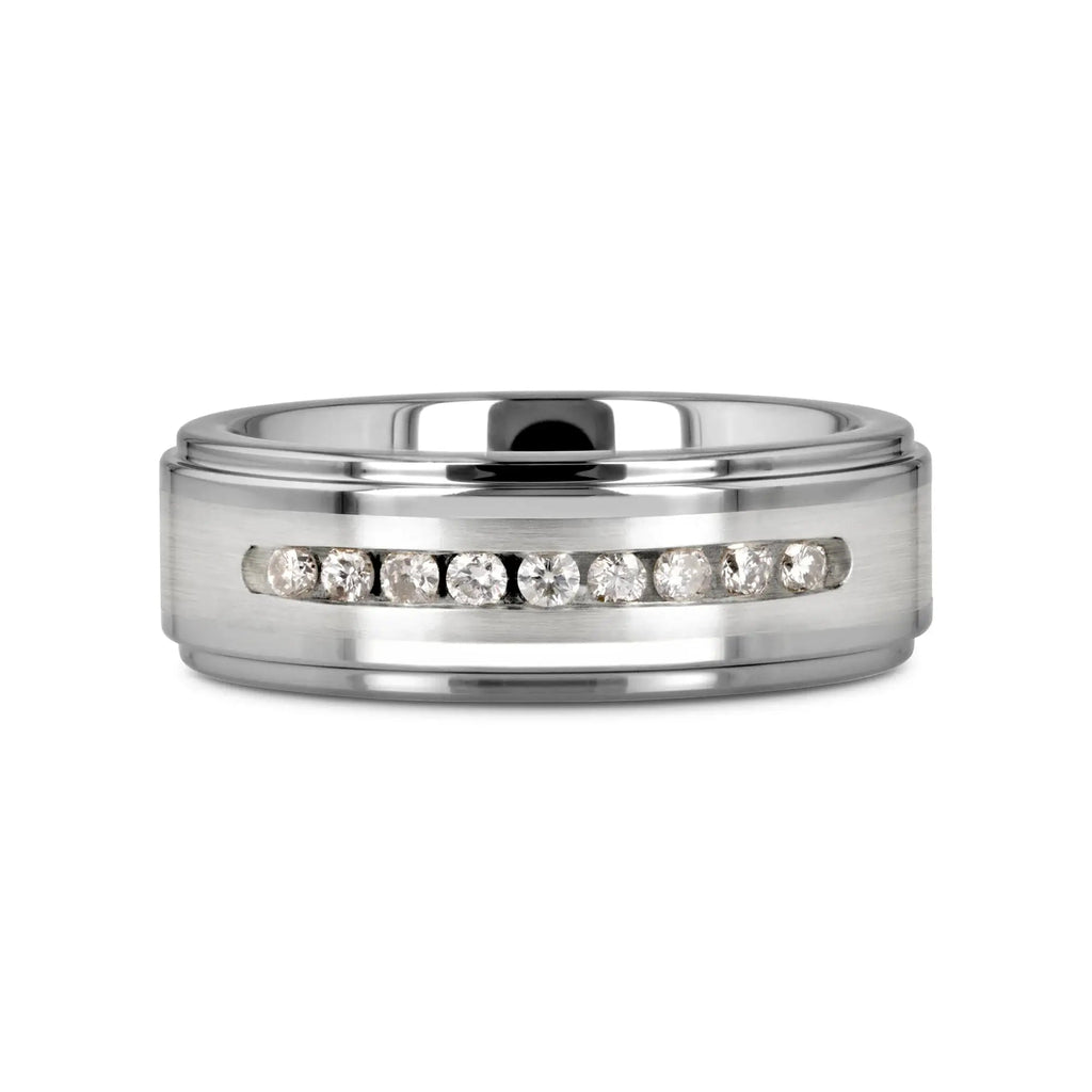 HARPER Tungsten Wedding Band with Raised Center & Brushed Silver Inlay and 9 Channel Set White Diamonds - 8mm