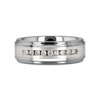HARPER Tungsten Wedding Band with Raised Center & Brushed Silver Inlay and 9 Channel Set White Diamonds - 8mm