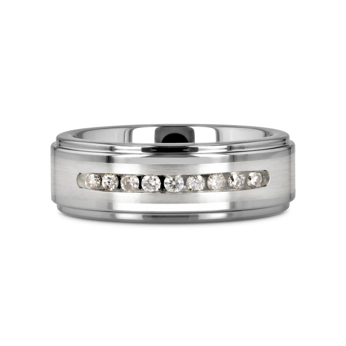 HARPER Tungsten Wedding Band with Raised Center & Brushed Silver Inlay and 9 Channel Set White Diamonds - 8mm